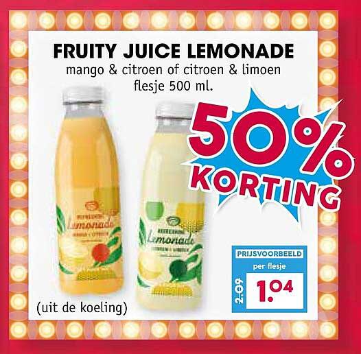 FRUITY JUICE LEMONADE mango & citroen of citroen & limoen flesje 500 ml. 50% KORTING