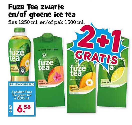 Fuze Tea zwarte en/of groene ice tea fles 1250 ml. en/of pak 1500 ml. 2+1 GRATIS