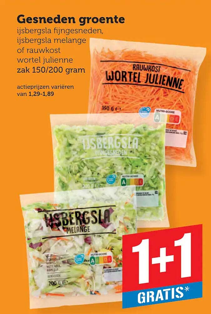 Gesneden groente ijsbergsla fijngesneden, ijsbergsla melange of rauwkost wortel julienne zak 150/200 gram 1+1 gratis