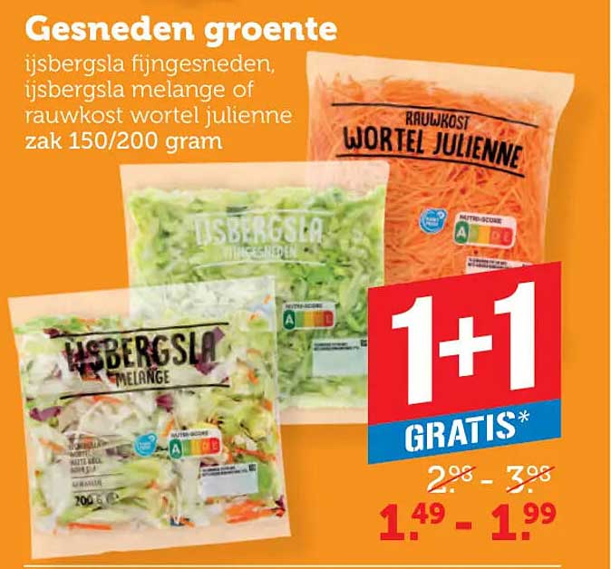 Gesneden groente ijsbergsla fijngesneden, ijsbergsla melange of rauwkost wortel julienne zak 150/200 gram 1+1 gratis
