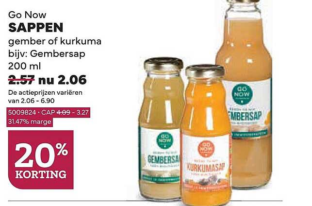 Go Now sappen gember of kurkuma bijv: Gembersap 200 ml 20% korting