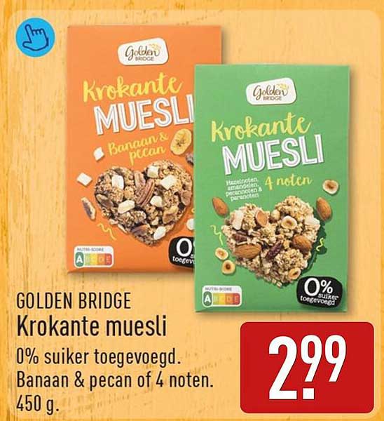 GOLDEN BRIDGE Krokante muesli 0% suiker toegevoegd. Banaan & pecan of 4 noten. 450 g.