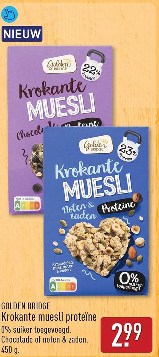 GOLDEN BRIDGE Krokante muesli proteïne 0% suiker toegevoegd. Chocolade of noten & zaden. 450 g.