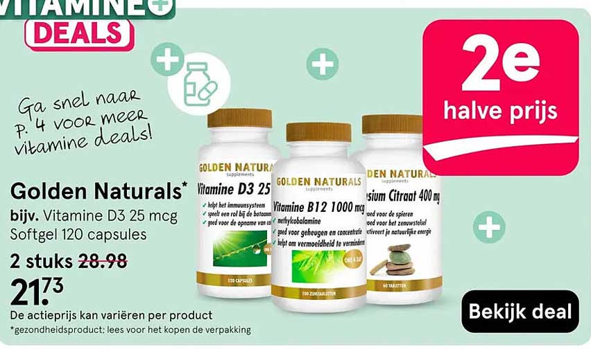 Golden Naturals* bijv. Vitamine D3 25 mcg Softgel 120 capsules 2e halve prijs
