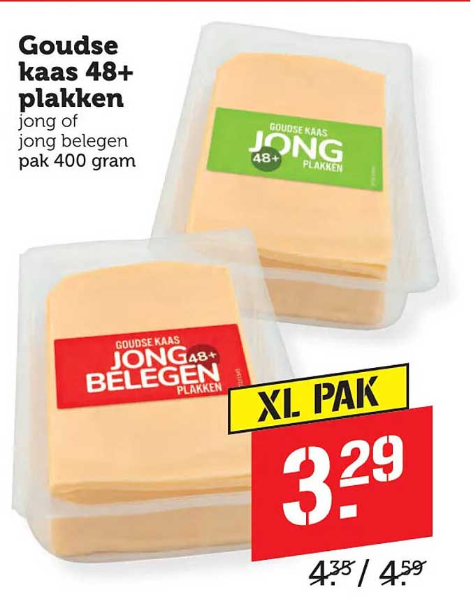 Goudse kaas 48+ plakken jong of jong belegen pak 400 gram XL pak