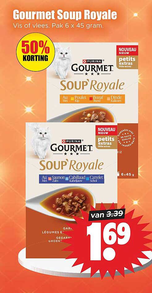 Gourmet Soup Royale Vis of vlees. Pak 6 x 45 gram. 50% KORTING
