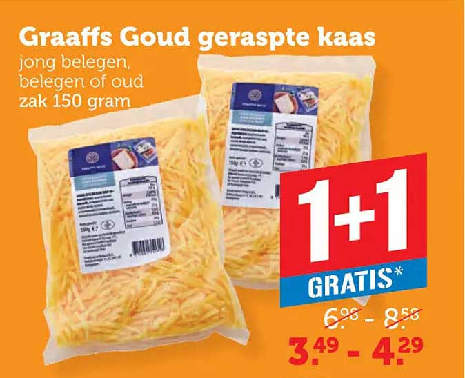 Graaffs Goud geraspte kaas jong belegen, belegen of oud zak 150 gram 1+1 gratis