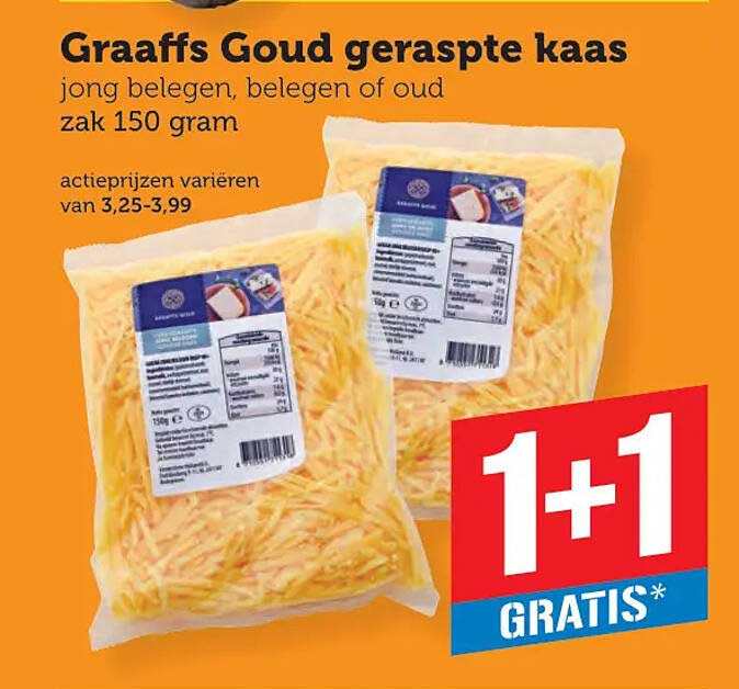 Graaffs Goud geraspte kaas jong belegen, belegen of oud zak 150 gram 1+1 gratis