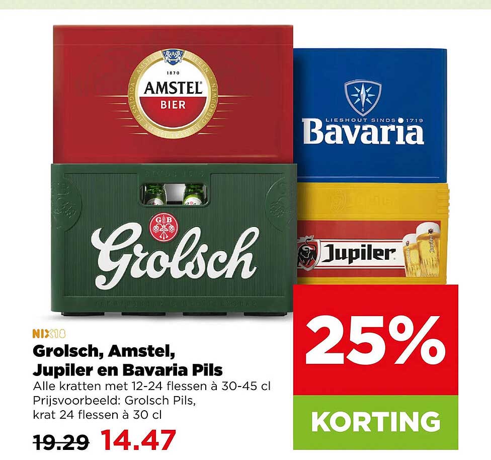 Grolsch, Amstel, Jupiler en Bavaria Pils 25% KORTING