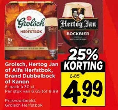 Grolsch, Hertog Jan of Alfa Herfstbok, Brand Dubbelbock of Karon 25% KORTING