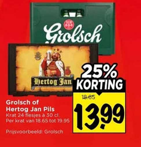 Grolsch of Hertog Jan Pils Krat 24 flesjes à 30 cl. 25% KORTING