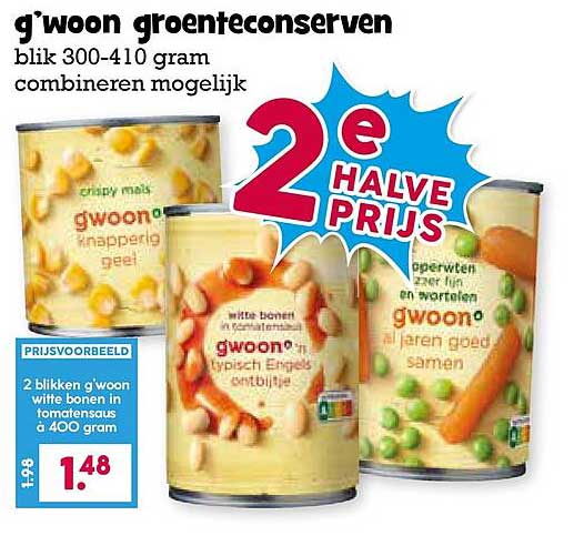 g'woon groenteconserven blik 300-410 gram combineren mogelijk 2e halve prijs