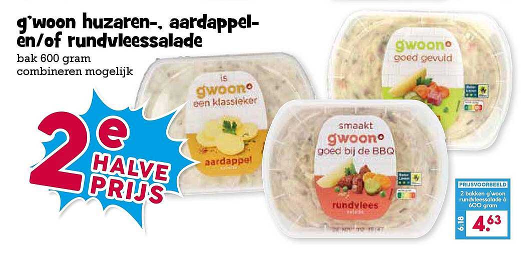 g'woon huzaren-, aardappel- en/of rundvleessalade 2e halve prijs