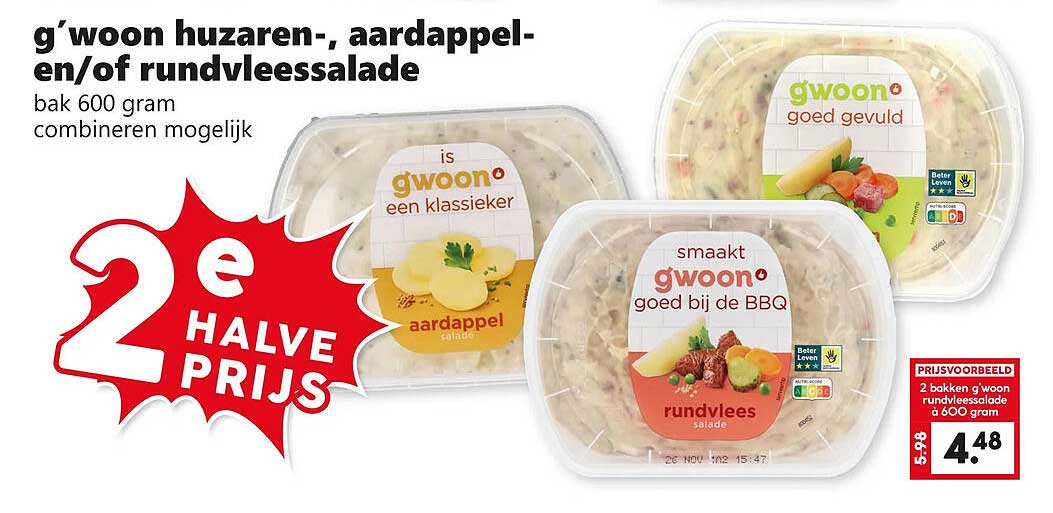 g'woon huzaren-, aardappel- en/of rundvleessalade bak 600 gram combineren mogelijk 2e halve prijs