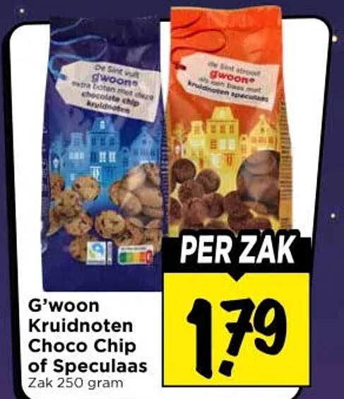 G'woon Kruidnoten Choco Chip of Speculaas Zak 250 gram