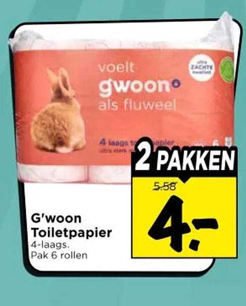G'woon Toiletpapier 4-laags, Pak 6 rollen 2 pakken