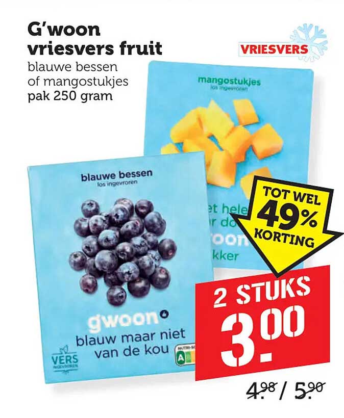 G'woon vriesvers fruit blauwe bessen of mangostukjes pak 250 gram