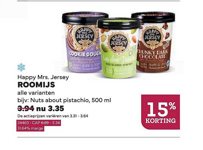 Happy Mrs. Jersey ROOMIJS alle varianten bijv.: Nuts about pistachio, 500 ml 15% KORTING