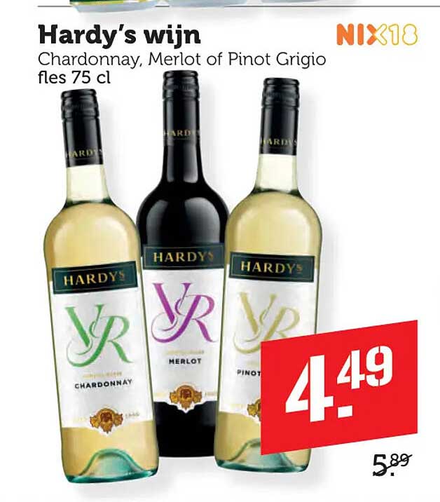 Hardy's wijn Chardonnay, Merlot of Pinot Grigio fles 75 cl