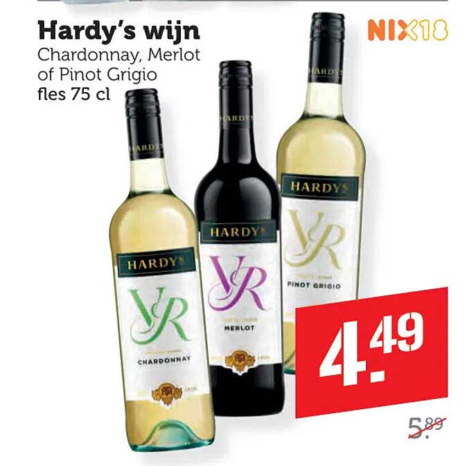 Hardy’s wijn Chardonnay, Merlot of Pinot Grigio fles 75 cl NIX18