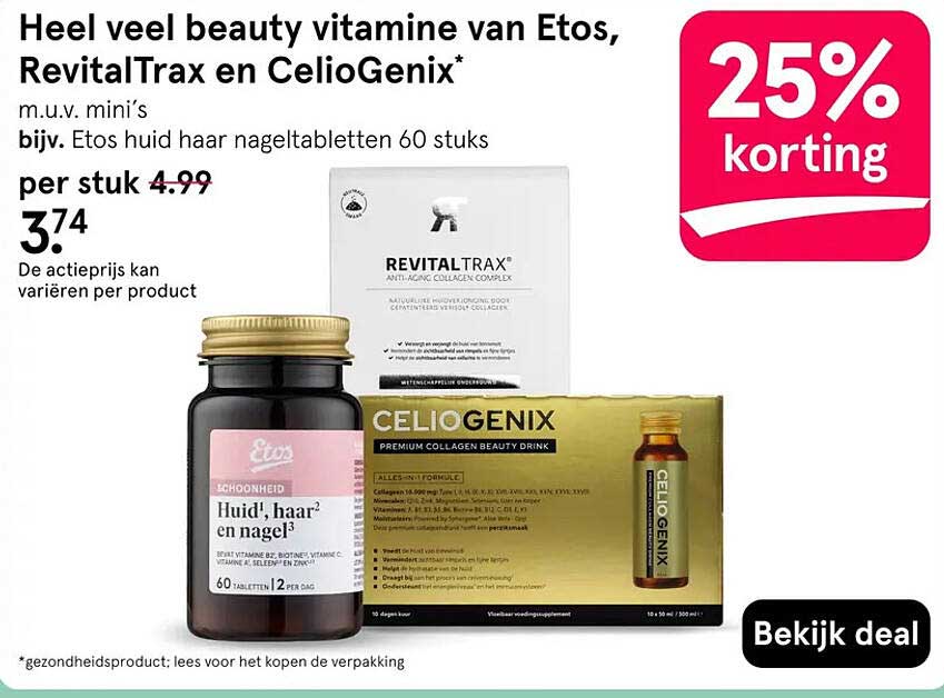 Heel veel beauty vitamine van Etos, RevitalTrax en CelioGenix* 25% korting