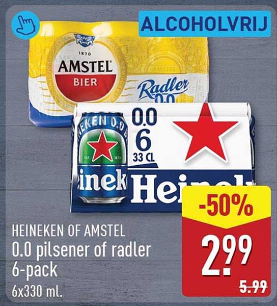 HEINEKEN OF AMSTEL 0.0 pilsener of radler 6-pack -50%