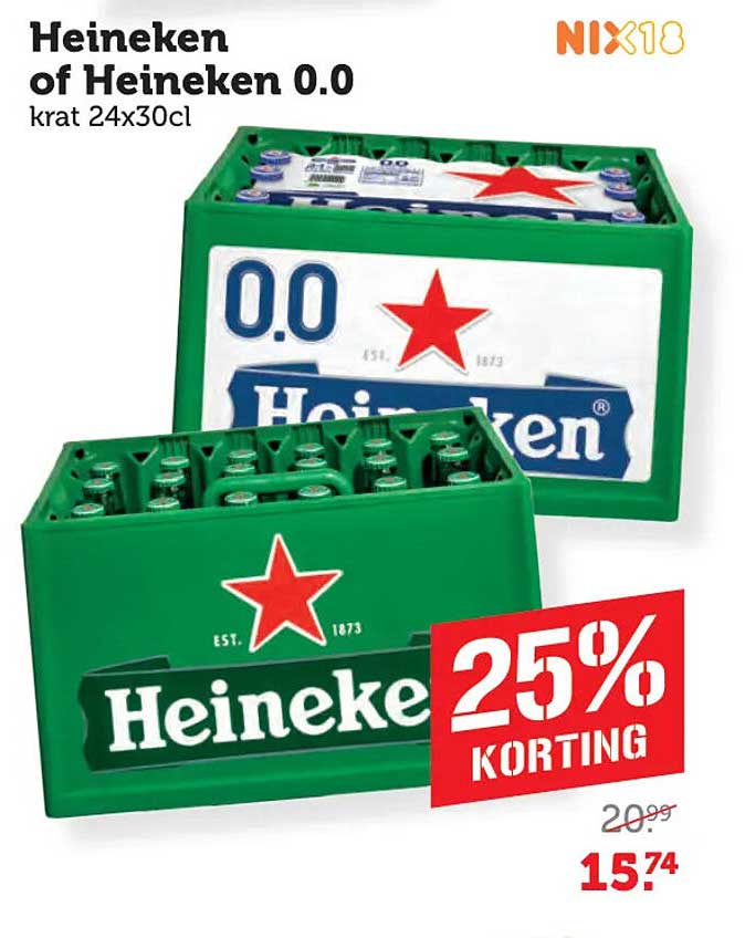 Heineken of Heineken 0.0 krat 24x30cl 25% KORTING
