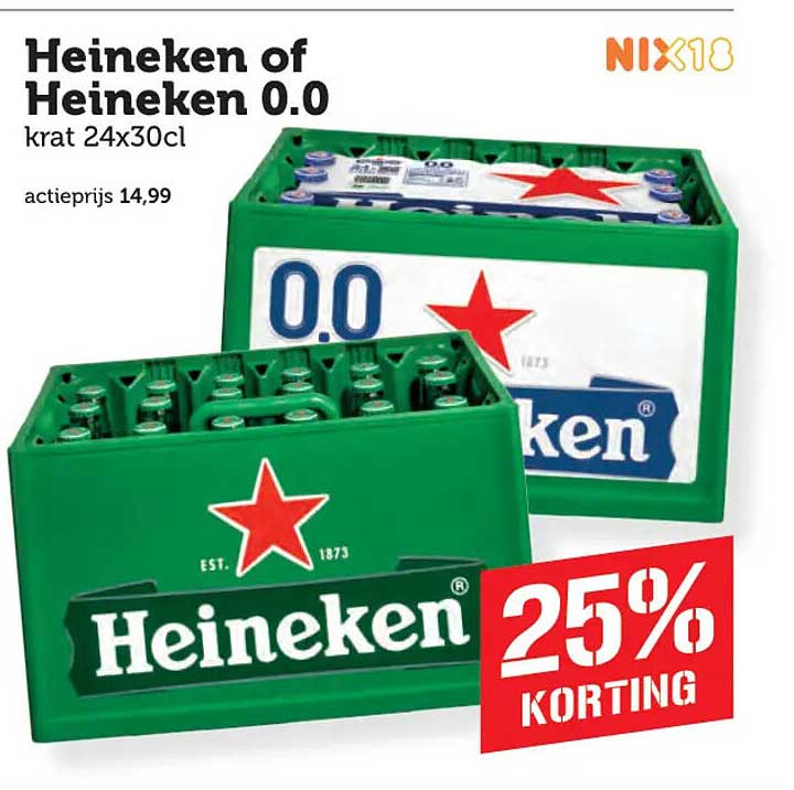 Heineken of Heineken 0.0 krat 24x30cl 25% korting