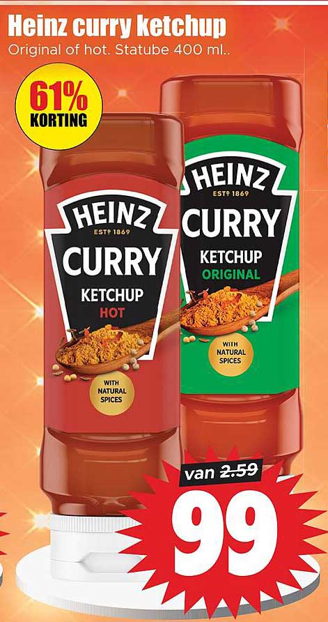 Heinz curry ketchup Original of hot. Statube 400 ml. 61% korting
