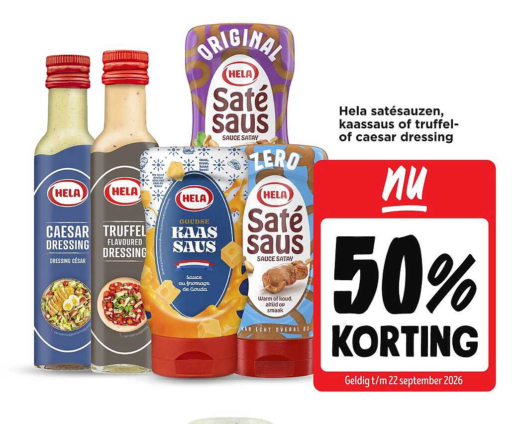 Hela satésauzen, kaassaus of truffel- of caesar dressing 50% korting