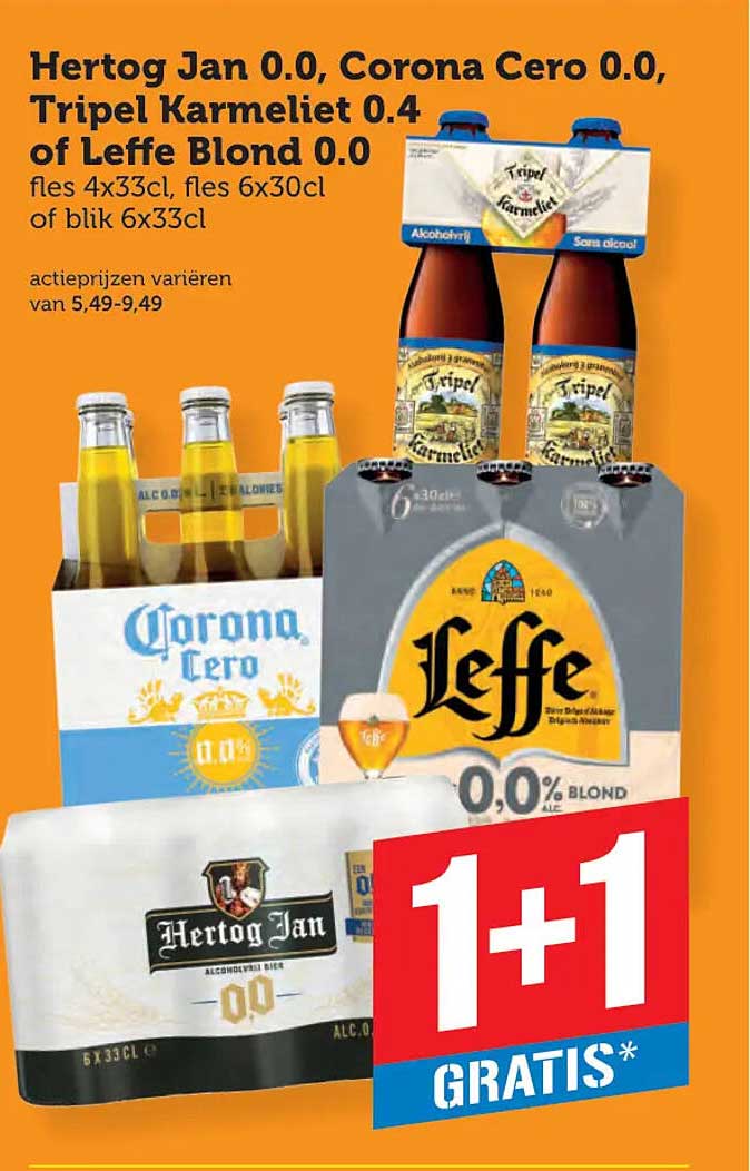 Hertog Jan 0.0, Corona Cero 0.0, Tripel Karmeliet 0.4 of Leffe Blond 0.0 1+1 gratis
