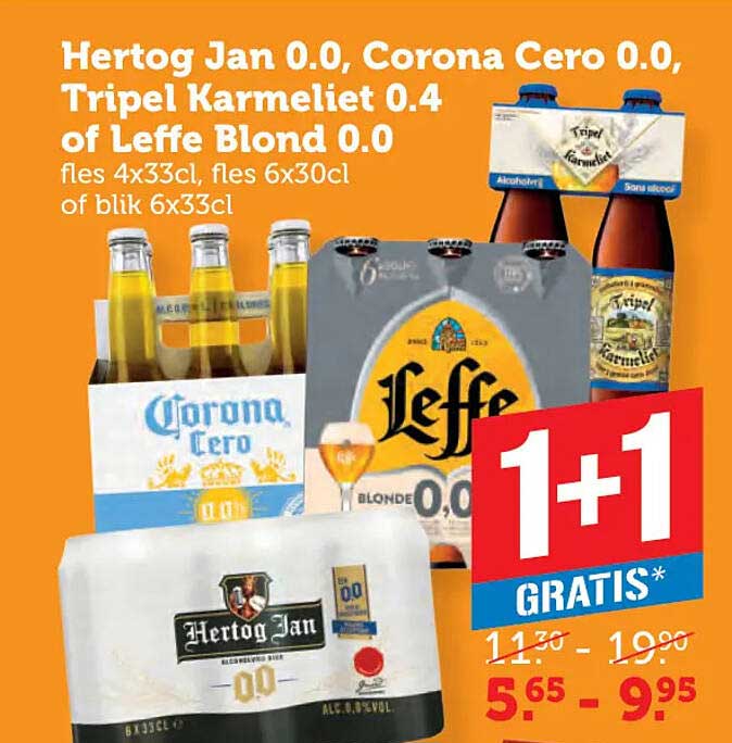 Hertog Jan 0.0, Corona Cero 0.0, Tripel Karmeliet 0.4 of Leffe Blond 0.0 fles 4x33cl, fles 6x30cl of blik 6x33cl 1+1 GRATIS