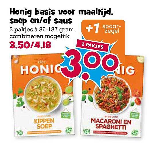 Honig basis voor maaltijd, soep en/of saus 2 pakjes à 36-137 gram combineren mogelijk +1 spaaar-zegel 2 pakjes 3,00