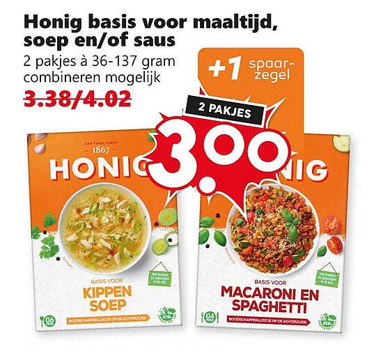 Honig basis voor maaltijd, soep en/of saus 2 pakjes à 36-137 gram combineren mogelijk +1 spaardzegel