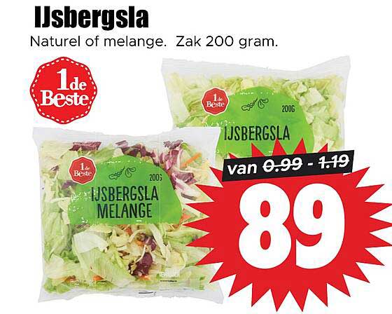 IJsbergsla Naturel of melange. Zak 200 gram.