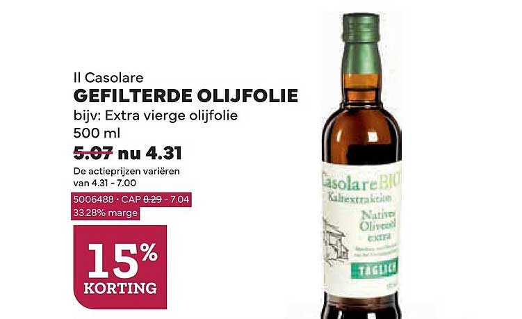 Il Casolare GEFILTERDE OLIJFOLIE bijv: Extra vierge olijfolie 500 ml 15% KORTING
