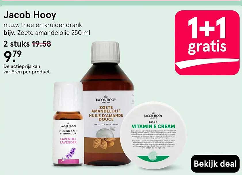 Jacob Hooy m.u.v. thee en kruidendrank bijv. Zoete amandelolie 250 ml 1+1 gratis
