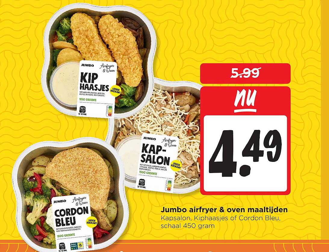 Jumbo airfryer & oven maaltijden Kapsalon, Kiphaasjes of Cordon Bleu, schaal 450 gram