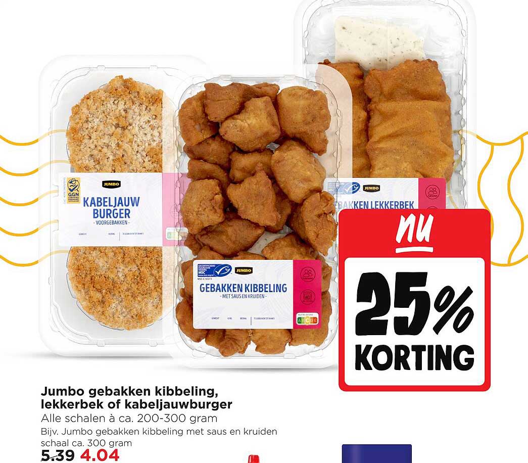 Jumbo gebakken kibbeling, lekkerbek of kabeljauwburger 25% korting