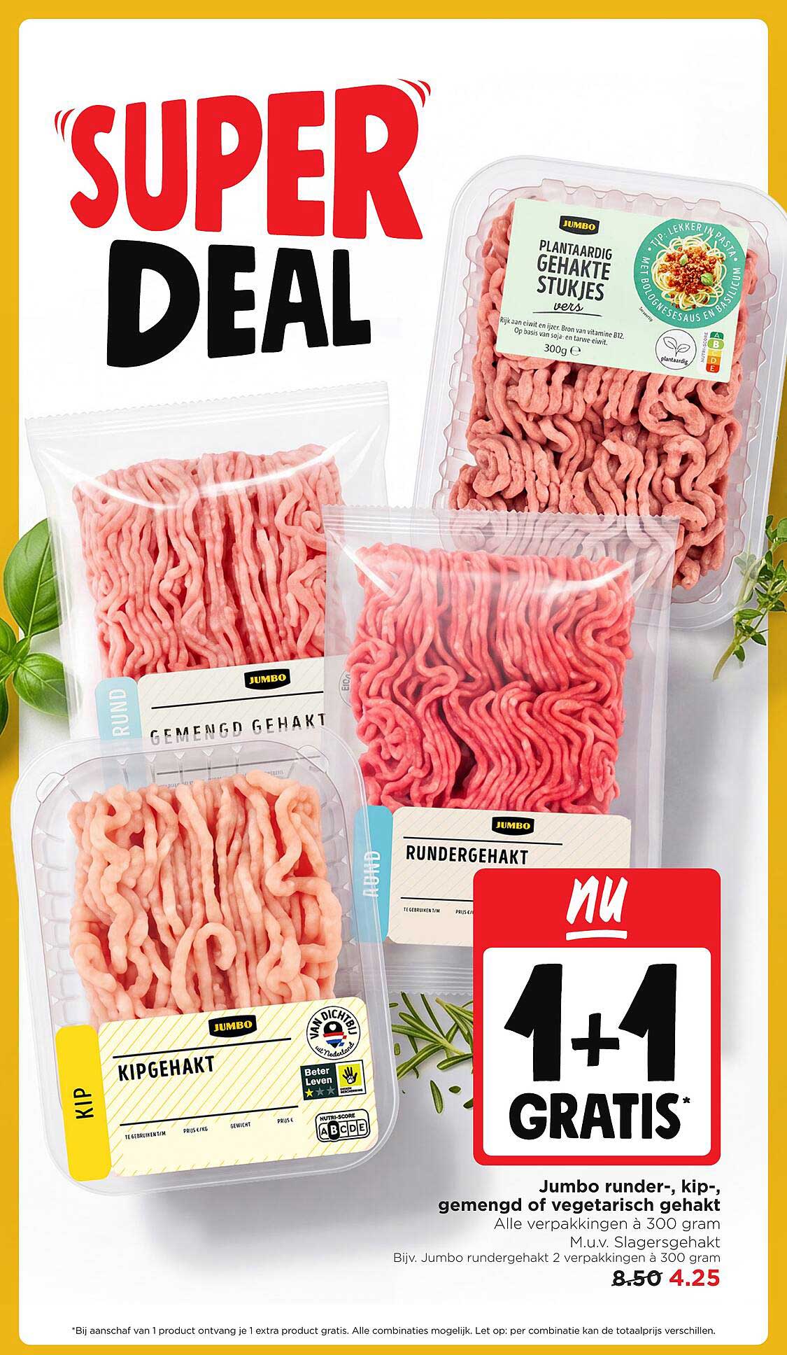 Jumbo runder-, kip-, gemengd of vegetarisch gehakt 1+1 GRATIS