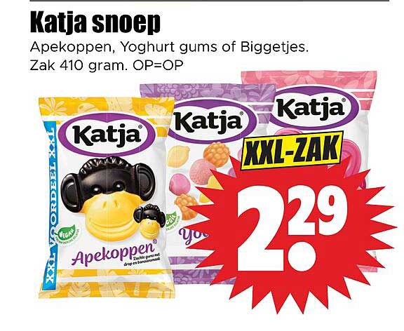 Katja snoep Apekoppen, Yoghurt gums of Biggetjes. Zak 410 gram. OP=OP XXL-ZAK