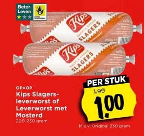 Kips Slagersleverworst of Leverworst met Mosterd 200-230 gram