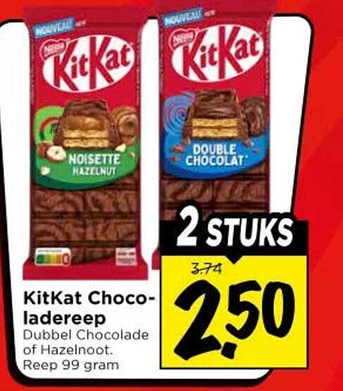 KitKat Choco-ladereep Dubbel Chocolade of Hazelnoot. Reep 99 gram 2 stuks