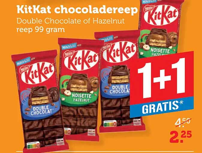 KitKat chocoladereep Double Chocolate of Hazelnut reep 99 gram 1+1 gratis