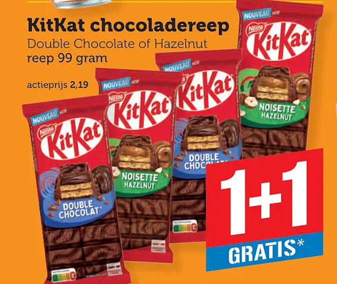 KitKat chocoladereep Double Chocolate of Hazelnut reep 99 gram 1+1 gratis