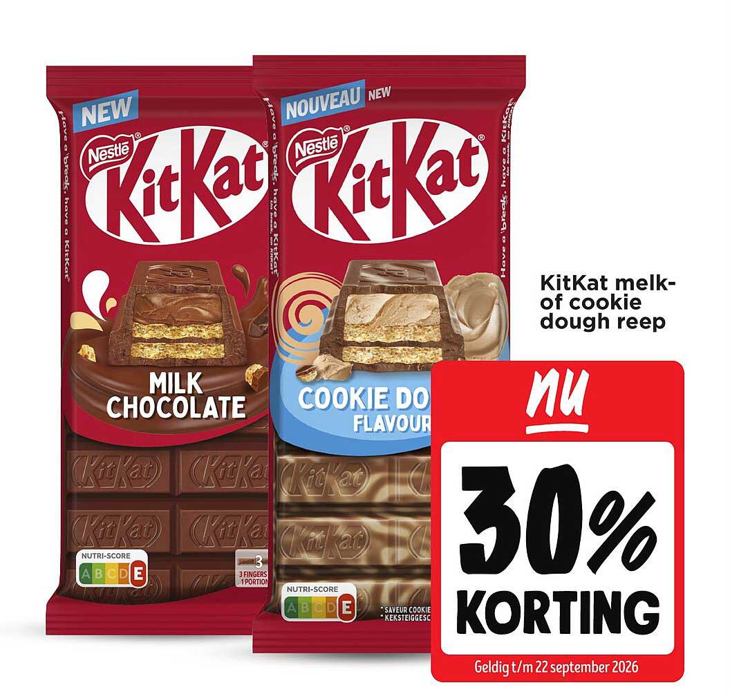 KitKat melk- of cookie dough reep 30% korting