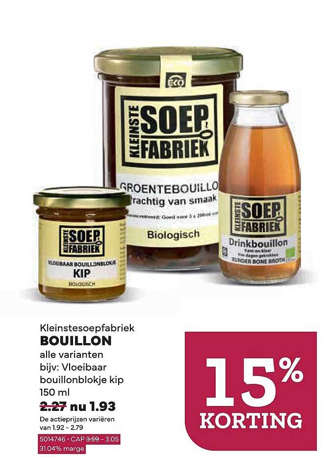 Kleinstesoepfabriek BOUILLON alle varianten bijv: Vloeibaar bouillonblokje kip 150 ml 15% KORTING