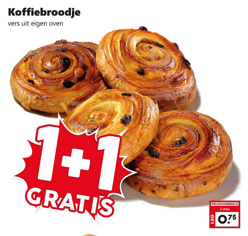 Koffiebroodje vers uit eigen oven 1+1 GRATIS