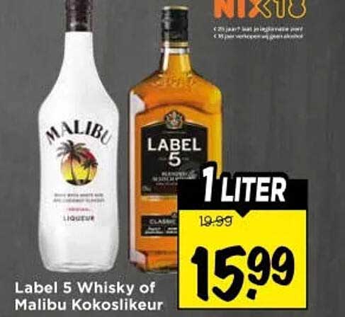 Label 5 Whisky of Malibu Kokoslikeur 1 liter
