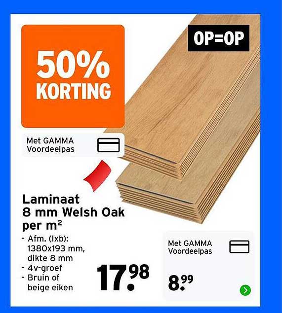 Laminaat 8 mm Welsh Oak per m² 50% korting OP=OP